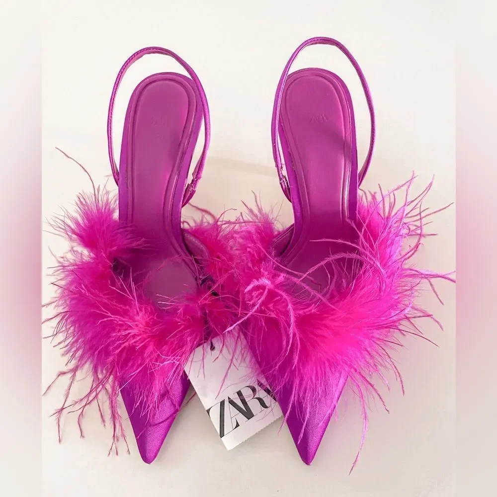 ❤️🔥Zara feathered fabric heeled shoes 038/42 - Picture 1 of 16